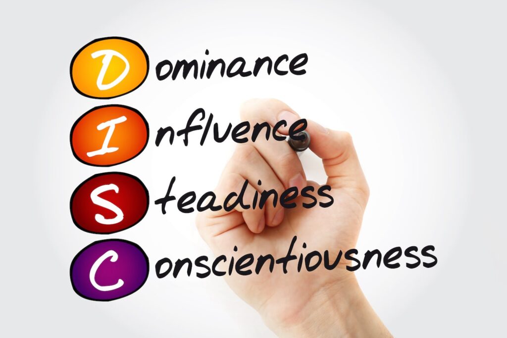 the four categories of the DISC personality profile written out by a shown hand - Dominance, Influence, Steadiness, Concientousness