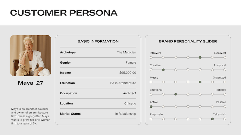 Sample customer persona with basic information and brand personality