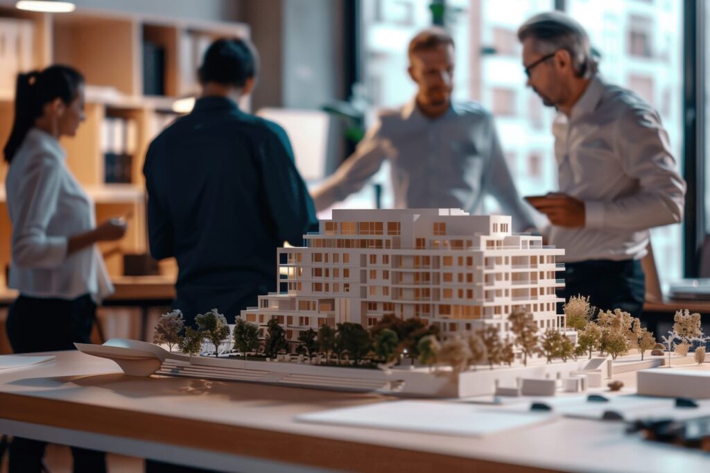 four architects talking in office with architectural model