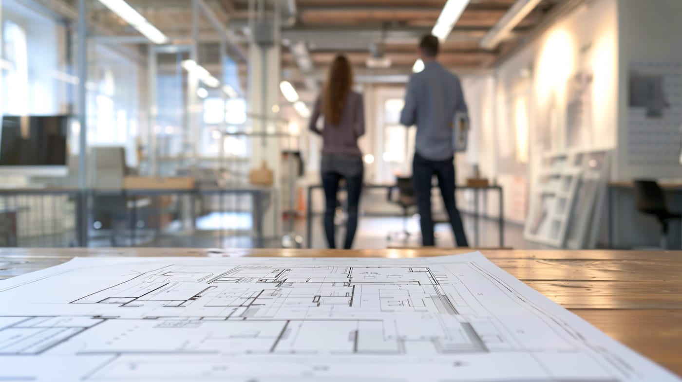 architectural plans on table with male and female architect talking in the distance