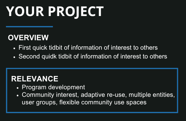 Example outlining how to customize projects by including an overview and relevance bullets