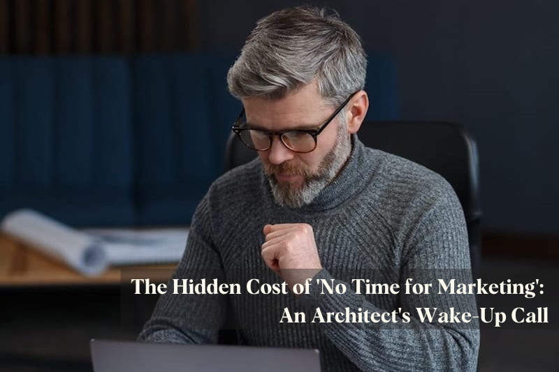 stressed architect in gray turtleneck furrows brow and looks at laptop